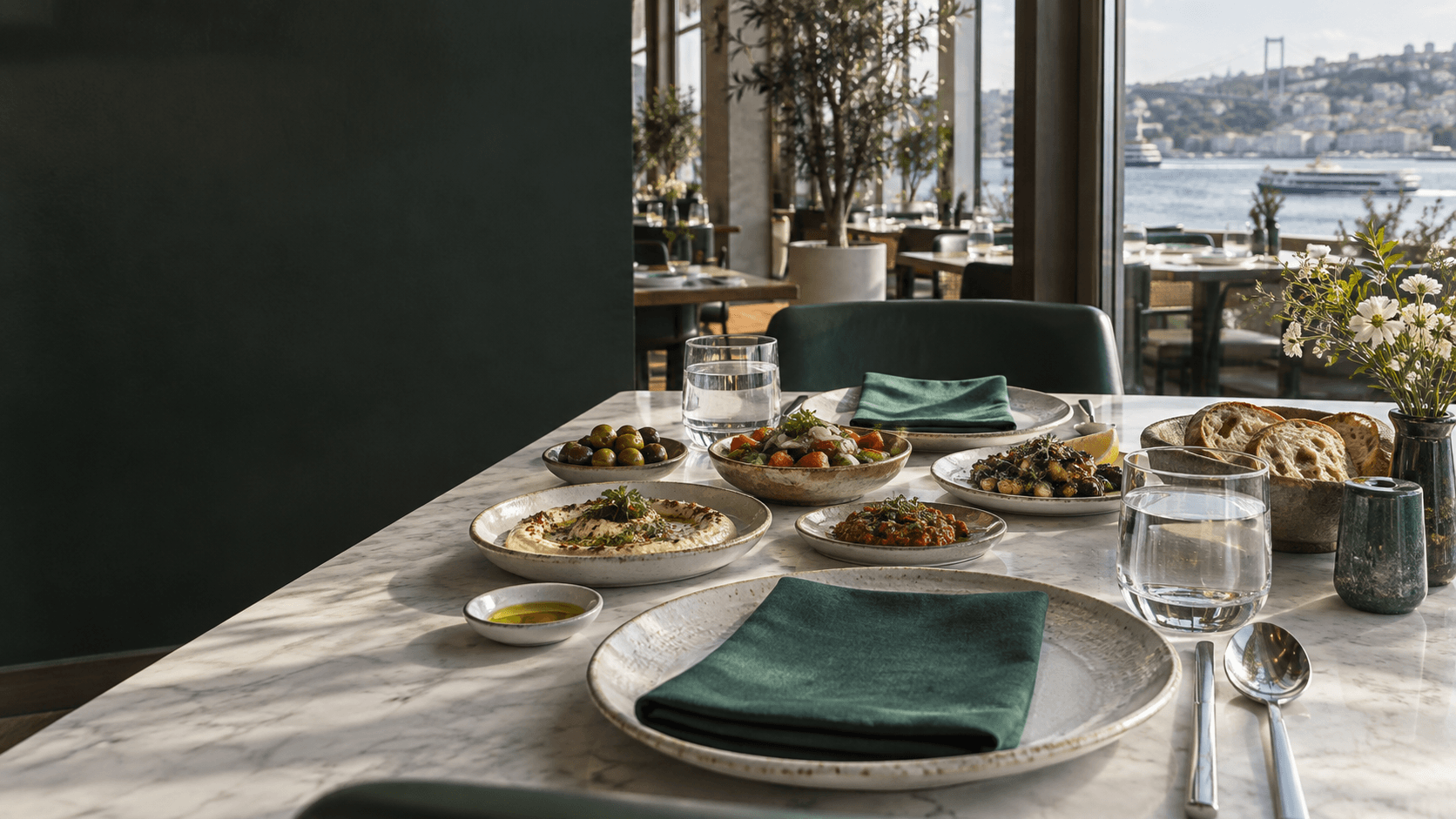 Gün ışığında, meze tabakları ve yeşil peçetelerle hazırlanmış bir sofra